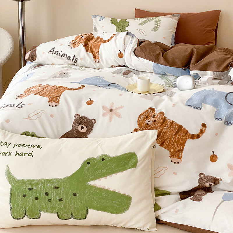Menagerie Animal Print Cotton Bedding Set - crocodile pillowcase and tiger print close-up - WhisperLinens