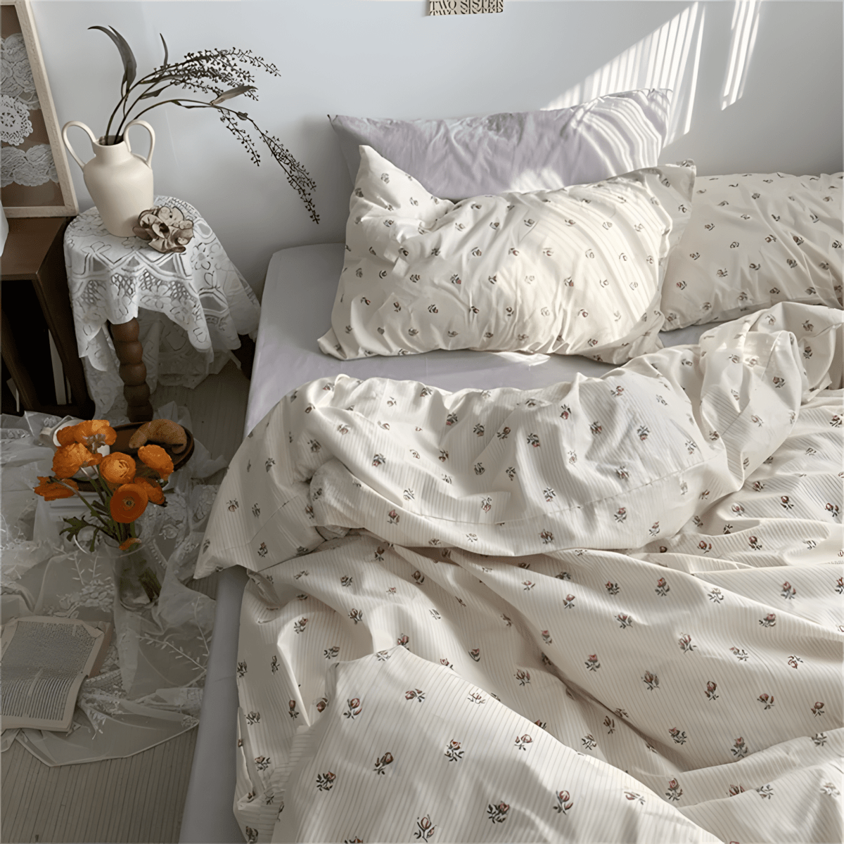 Floral Stripes Serenity Cotton Bedding Set - WhisperLinens