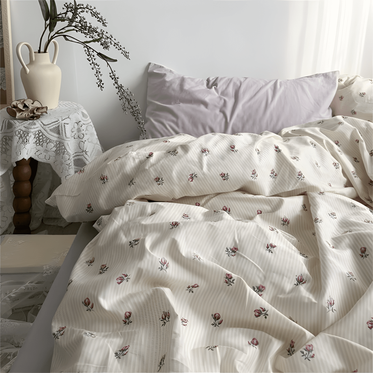 Floral Stripes Serenity Cotton Bedding Set - WhisperLinens