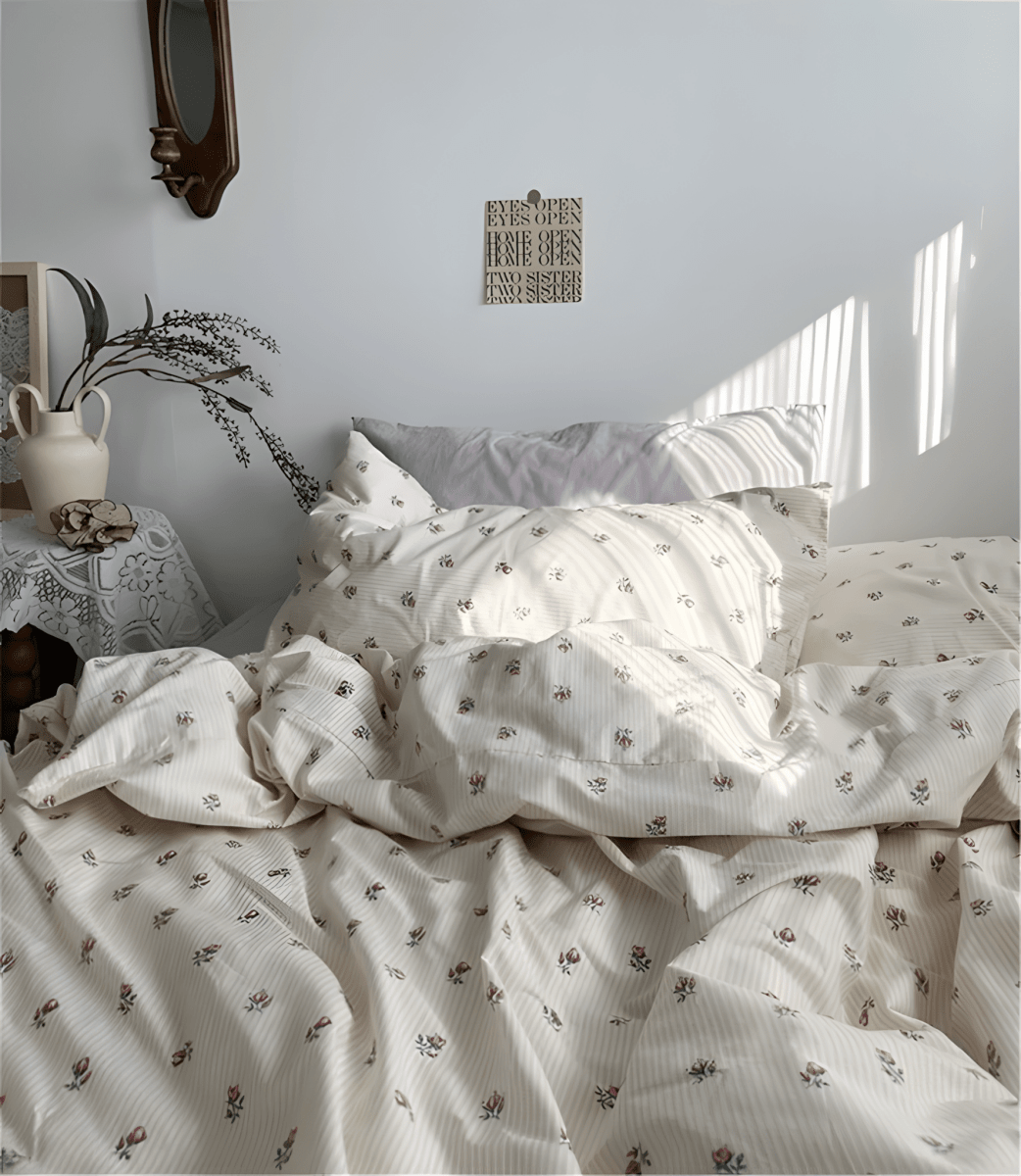 Floral Stripes Serenity Cotton Bedding Set - WhisperLinens