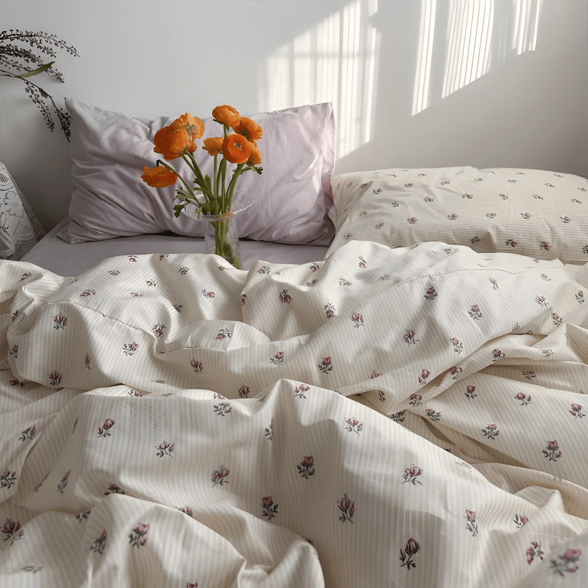 Floral Stripes Serenity Cotton Bedding Set - WhisperLinens