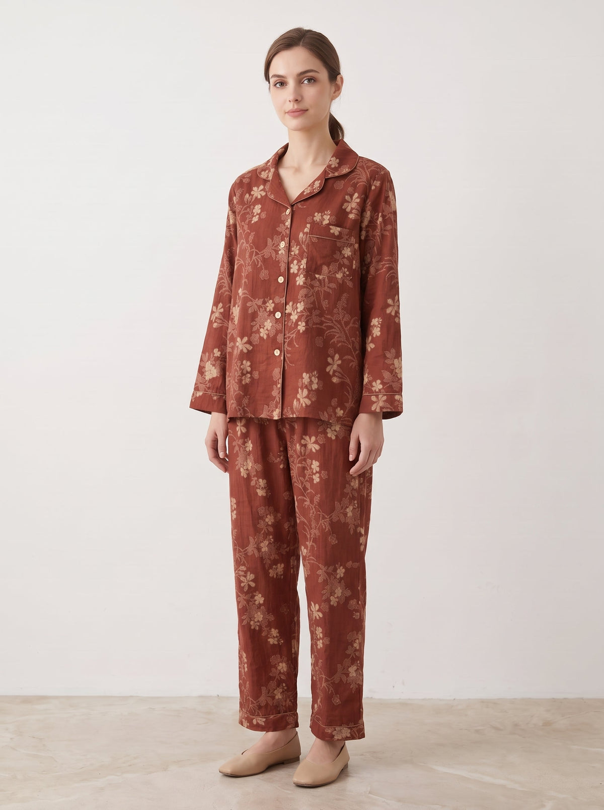 Ines Red Botanical Long-Sleeve Cotton Pajama Set - WhisperLinens