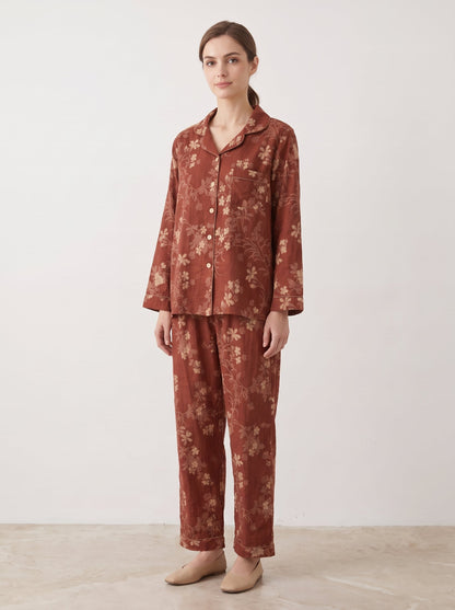 Ines Red Botanical Long-Sleeve Cotton Pajama Set - WhisperLinens