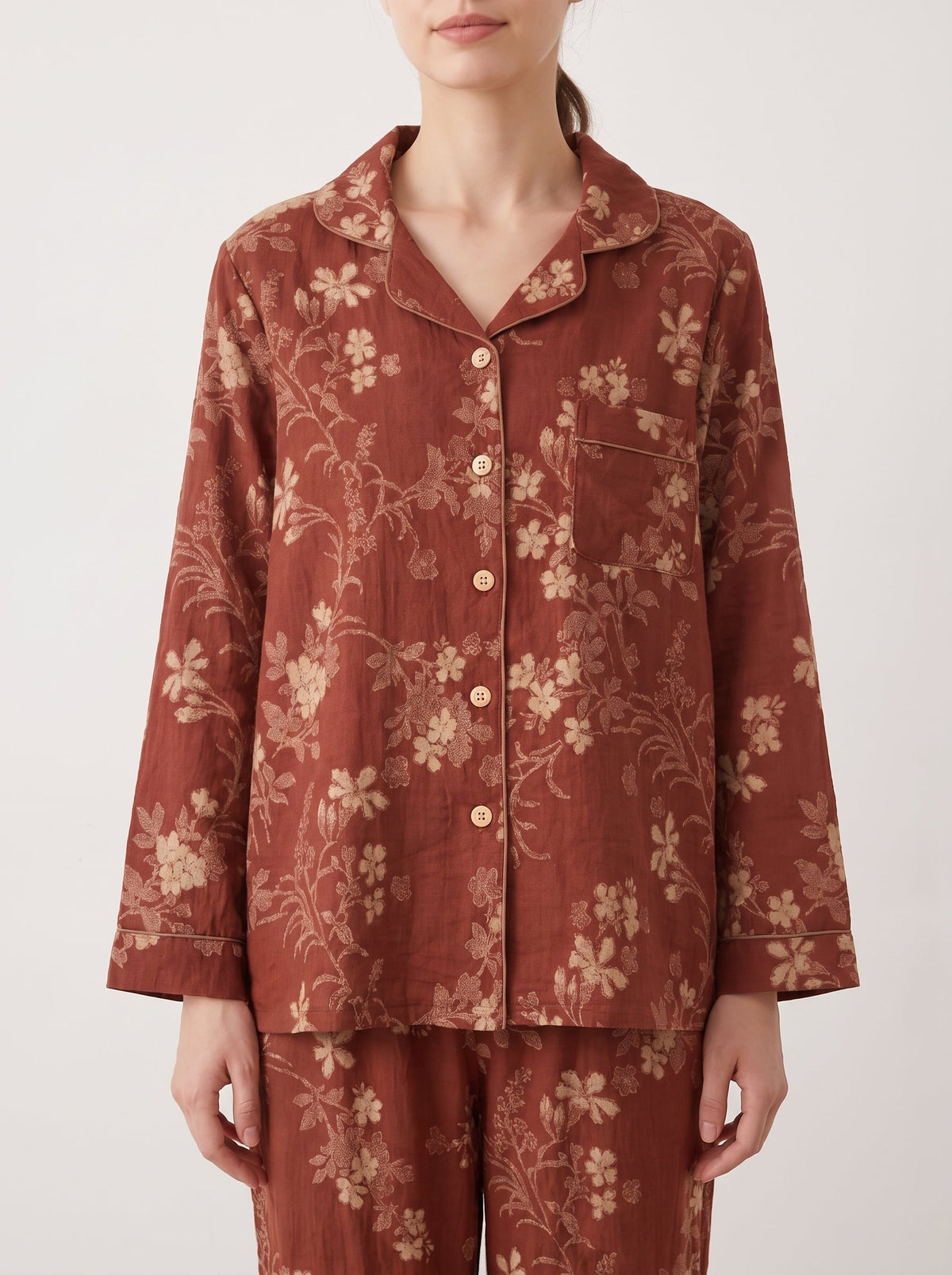 Ines Red Botanical Long-Sleeve Cotton Pajama Set - WhisperLinens