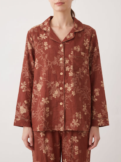 Ines Red Botanical Long-Sleeve Cotton Pajama Set - WhisperLinens