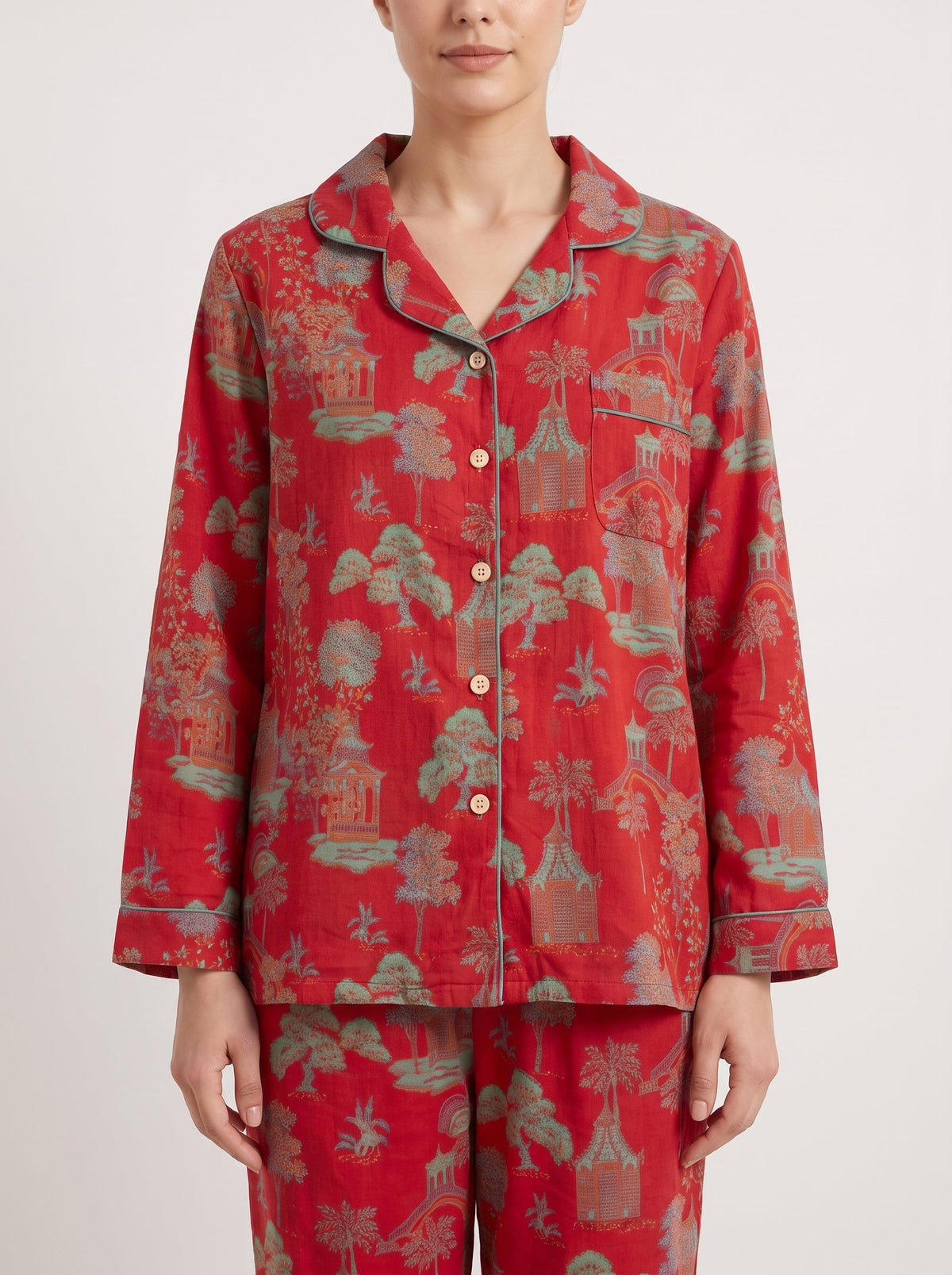 Ines Red Botanical Long-Sleeve Cotton Pajama Set - WhisperLinens