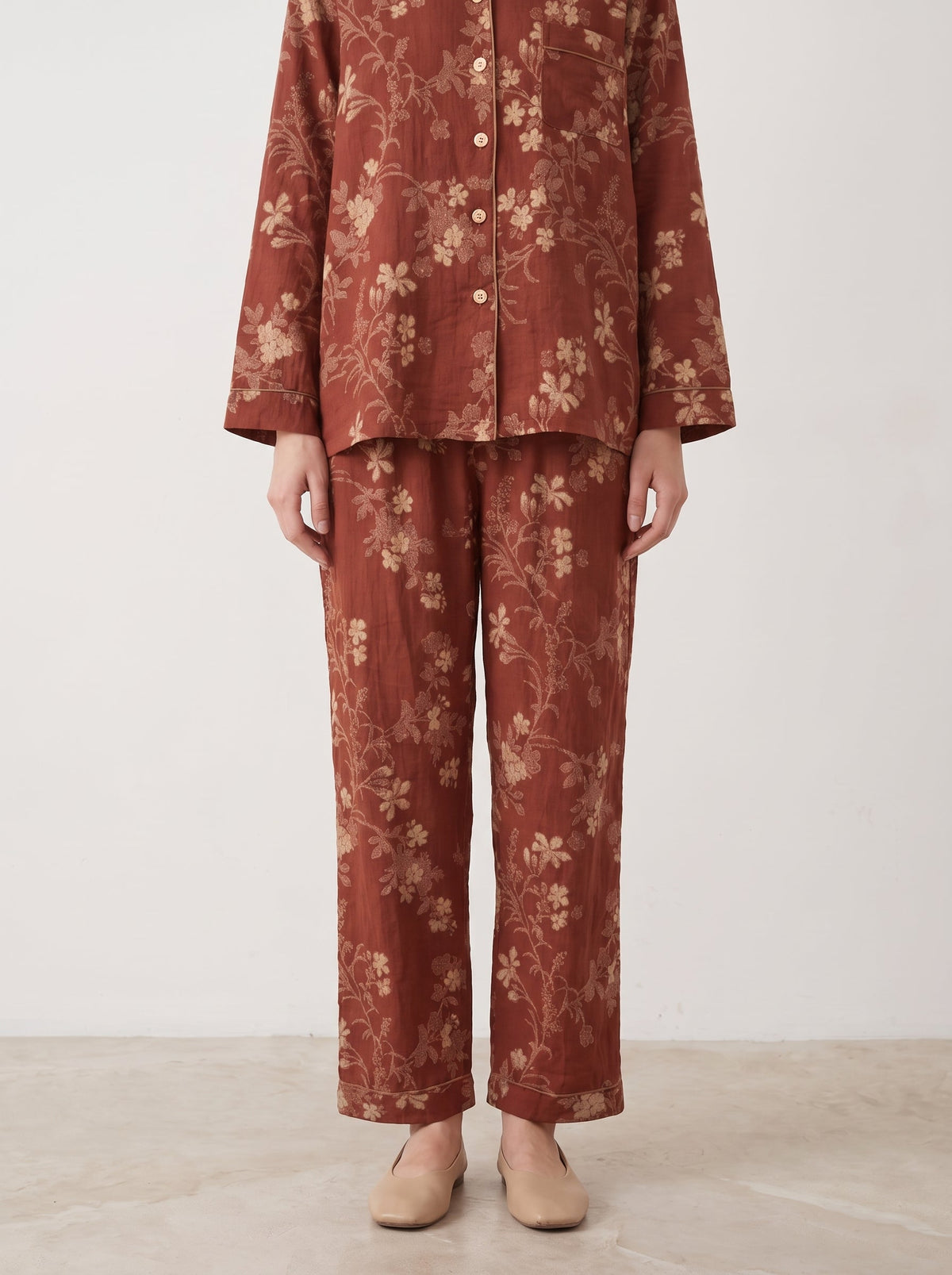 Ines Red Botanical Long-Sleeve Cotton Pajama Set - WhisperLinens