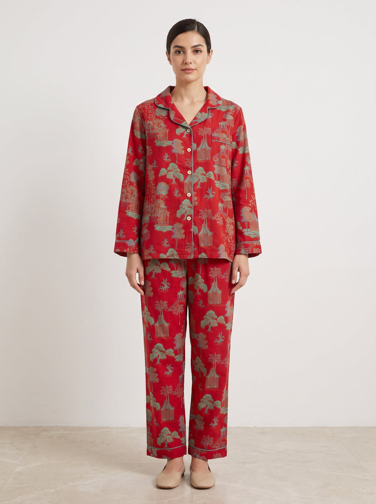 Ines Red Botanical Long-Sleeve Cotton Pajama Set - WhisperLinens