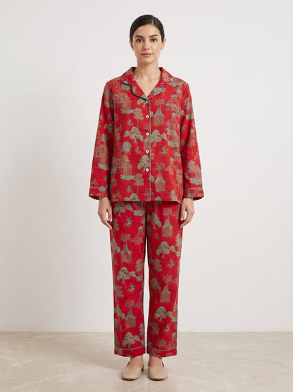 Ines Red Botanical Long-Sleeve Cotton Pajama Set - WhisperLinens