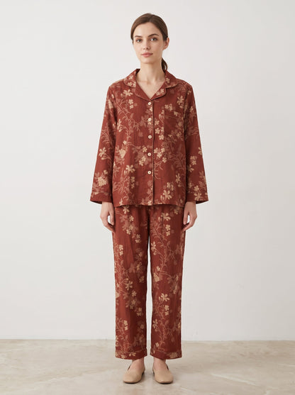 Ines Red Botanical Long-Sleeve Cotton Pajama Set - WhisperLinens