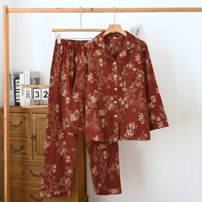 Ines Red Botanical Long-Sleeve Cotton Pajama Set - WhisperLinens
