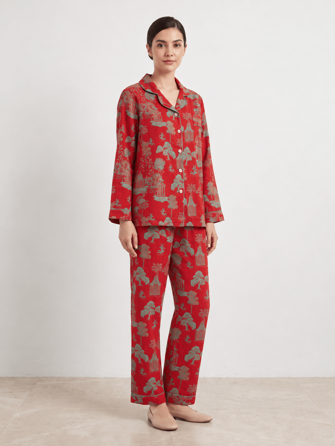 Ines Red Botanical Long-Sleeve Cotton Pajama Set - WhisperLinens