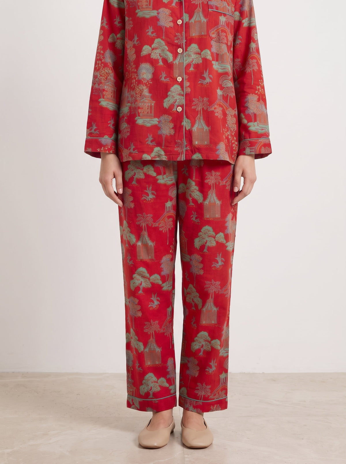 Ines Red Botanical Long-Sleeve Cotton Pajama Set - WhisperLinens