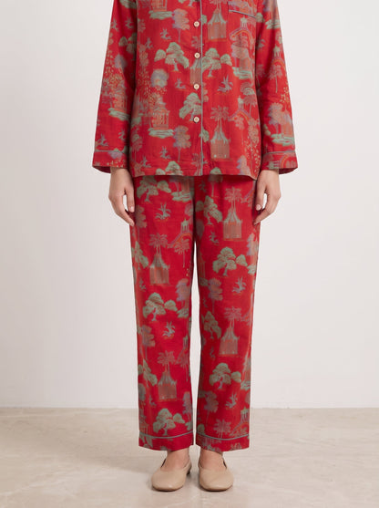 Ines Red Botanical Long-Sleeve Cotton Pajama Set - WhisperLinens