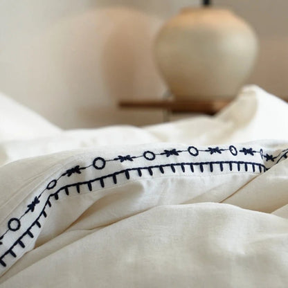 Ivory Linen Cotton Bedding Set with Embroidered Trim - WhisperLinens