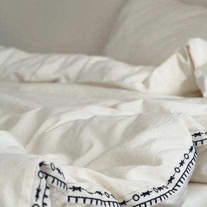 Ivory Linen Cotton Bedding Set with Embroidered Trim - WhisperLinens