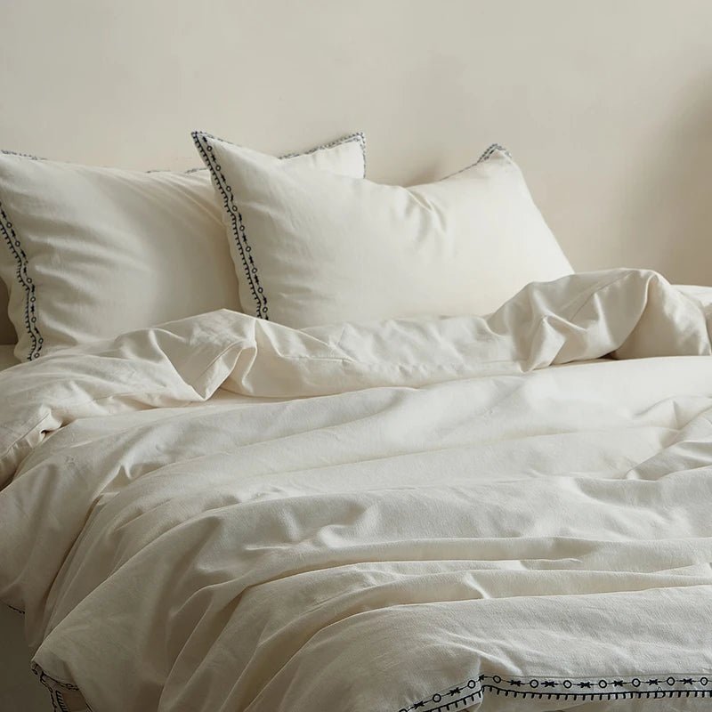 Ivory Linen Cotton Bedding Set with Embroidered Trim - WhisperLinens