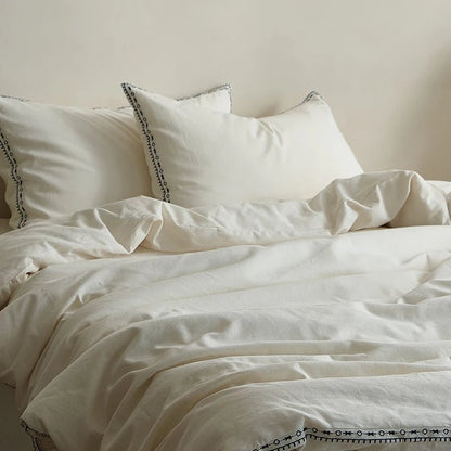 Ivory Linen Cotton Bedding Set with Embroidered Trim - WhisperLinens