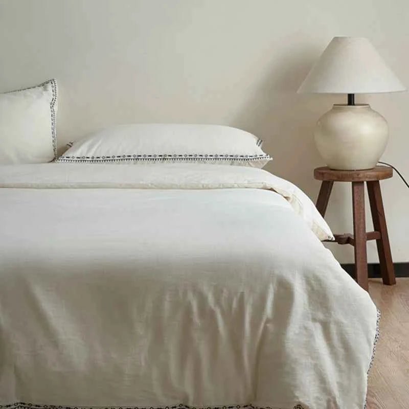 Ivory Linen Cotton Bedding Set with Embroidered Trim - WhisperLinens