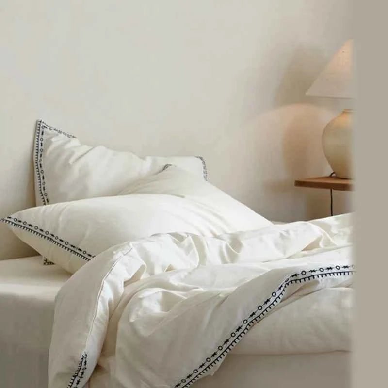 Ivory Linen Cotton Bedding Set with Embroidered Trim - WhisperLinens