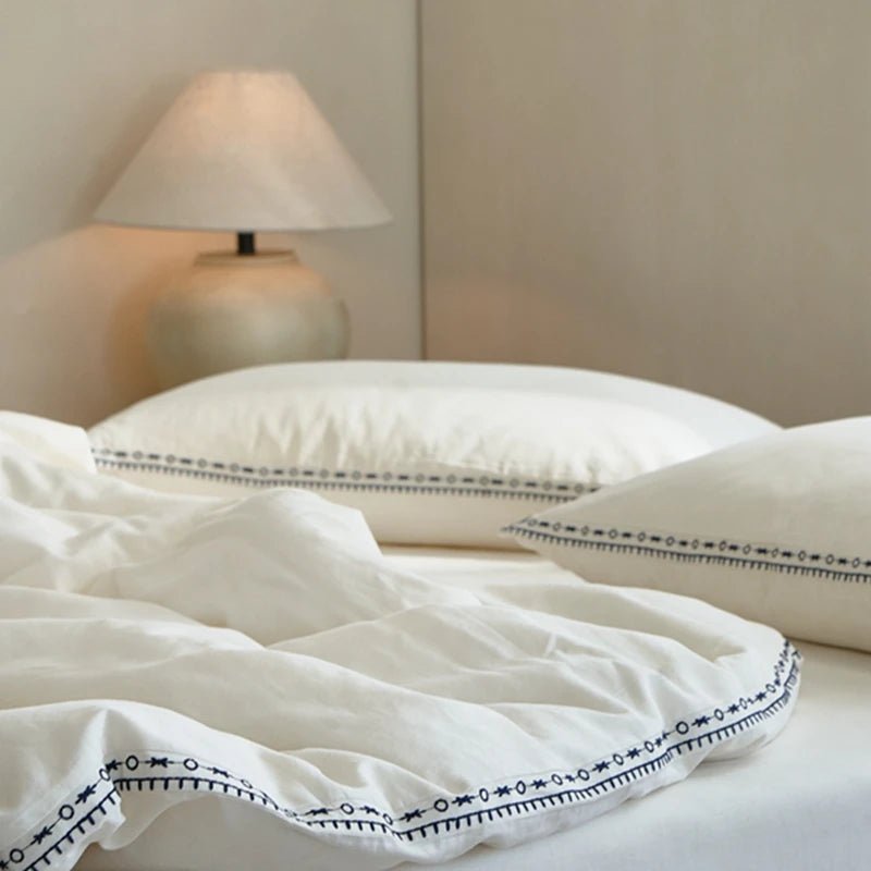 Ivory Linen Cotton Bedding Set with Embroidered Trim - WhisperLinens