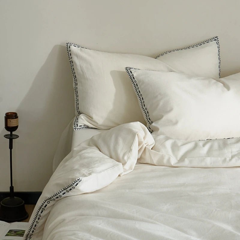 Ivory Linen Cotton Bedding Set with Embroidered Trim - WhisperLinens