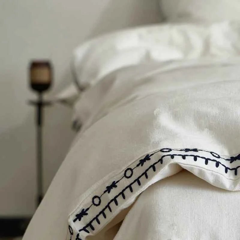 Ivory Linen Cotton Bedding Set with Embroidered Trim - WhisperLinens