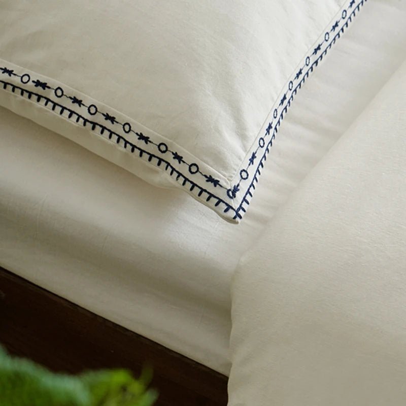 Ivory Linen Cotton Bedding Set with Embroidered Trim - WhisperLinens