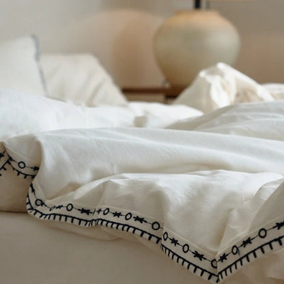 Ivory Linen Cotton Bedding Set with Embroidered Trim - WhisperLinens