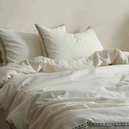 Ivory Linen Cotton Bedding Set with Embroidered Trim - WhisperLinens