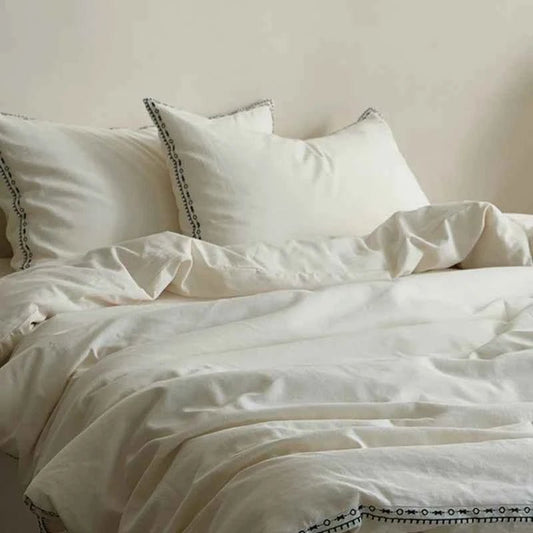 Ivory Linen Cotton Bedding Set with Embroidered Trim - WhisperLinens