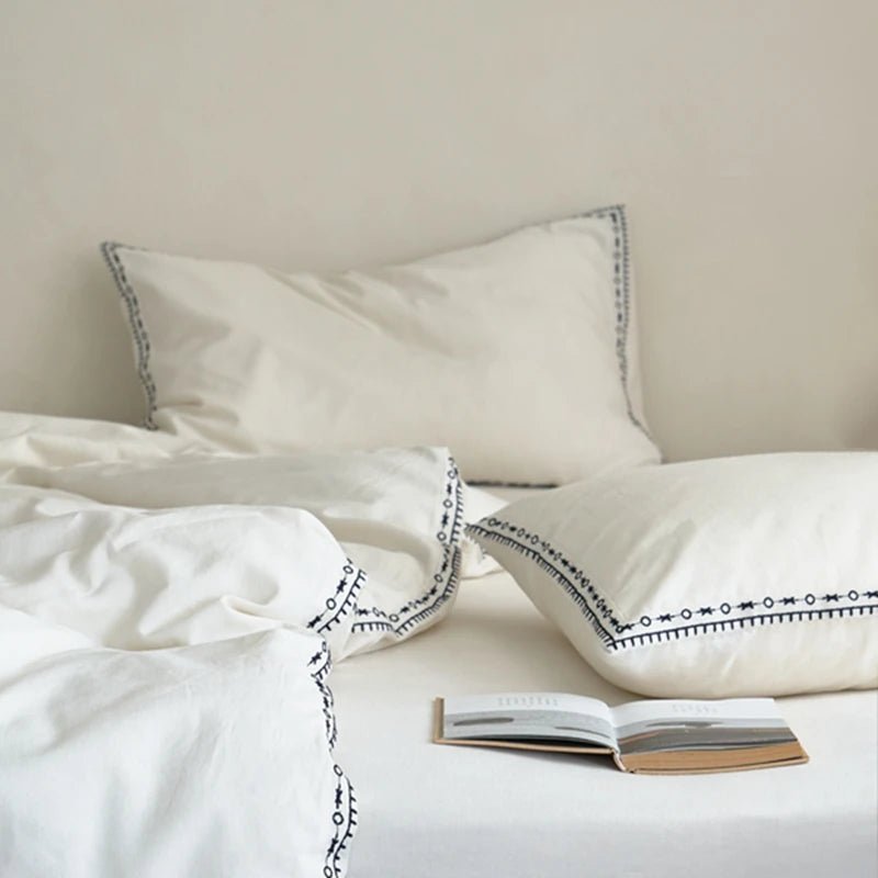 Ivory Linen Cotton Bedding Set with Embroidered Trim - WhisperLinens