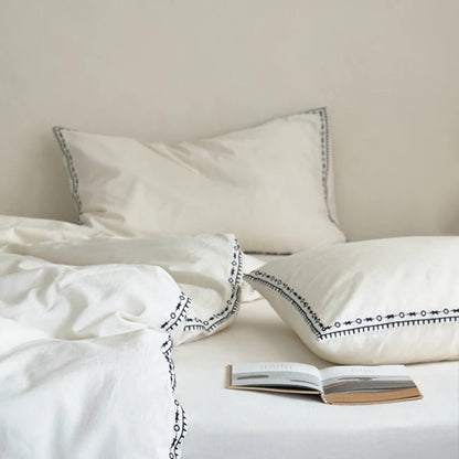 Ivory Linen Cotton Bedding Set with Embroidered Trim - WhisperLinens