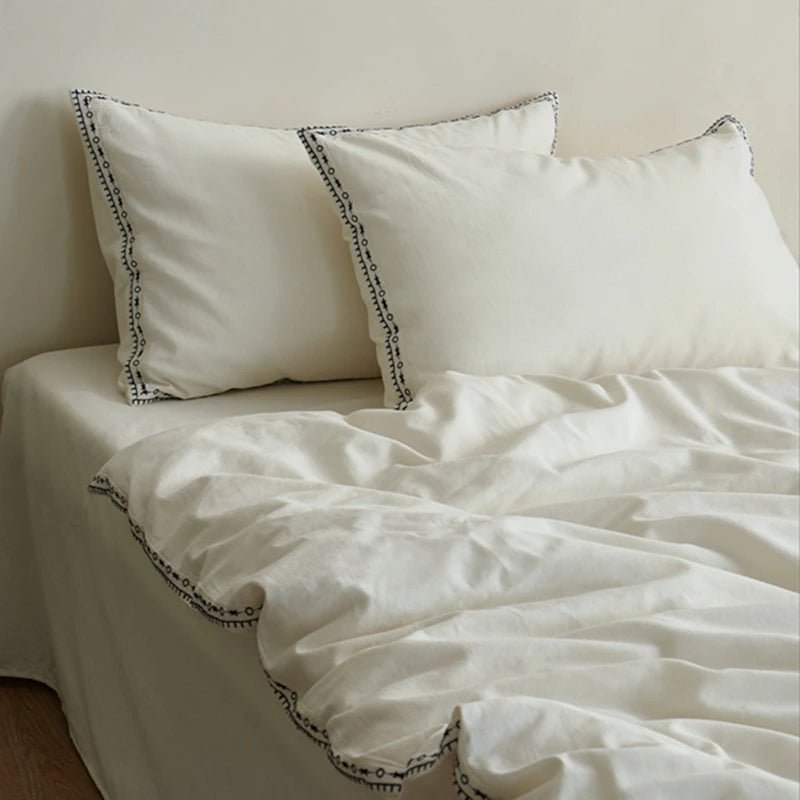Ivory Linen Cotton Bedding Set with Embroidered Trim - WhisperLinens