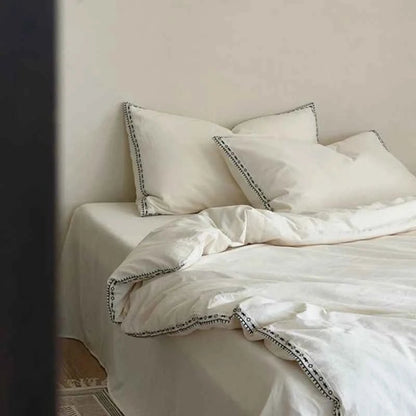 Ivory Linen Cotton Bedding Set with Embroidered Trim - WhisperLinens