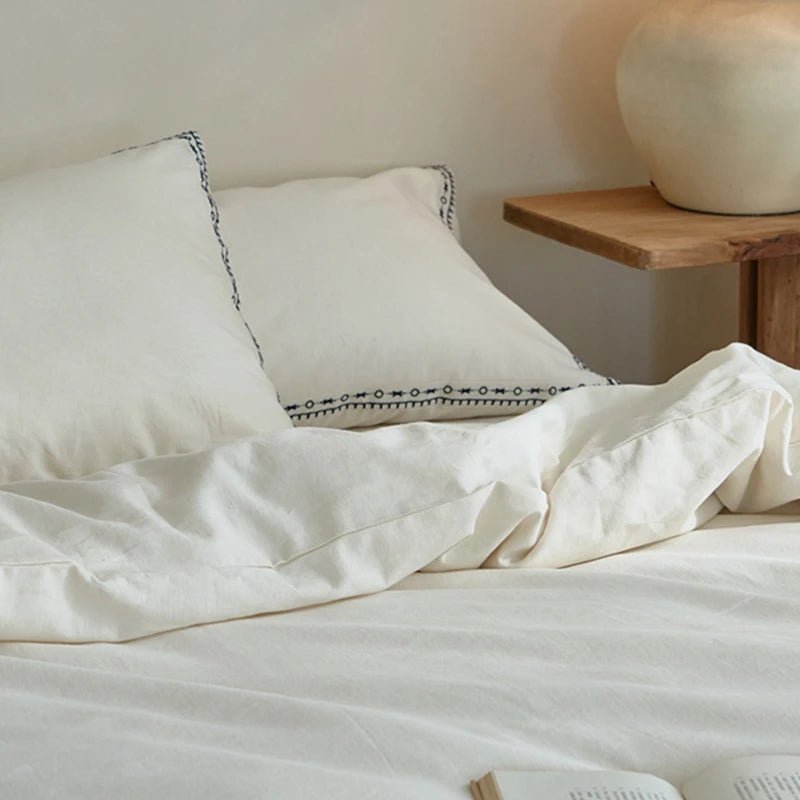 Ivory Linen Cotton Bedding Set with Embroidered Trim - WhisperLinens