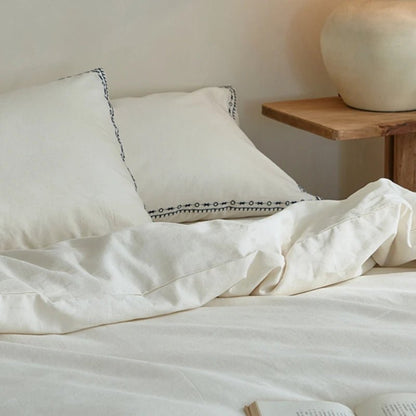 Ivory Linen Cotton Bedding Set with Embroidered Trim - WhisperLinens
