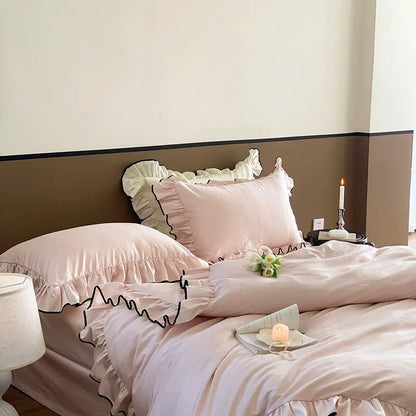 Soft blush pink Ruffle Cotton Duvet Cover Set