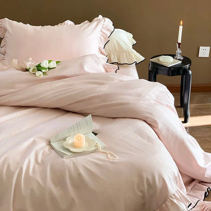 Soft blush pink Ruffle Cotton Duvet Cover Set