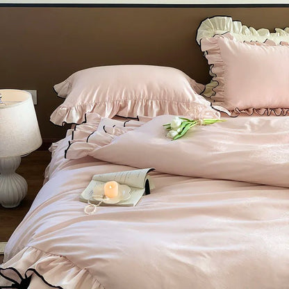 Soft blush pink Ruffle Cotton Duvet Cover Set