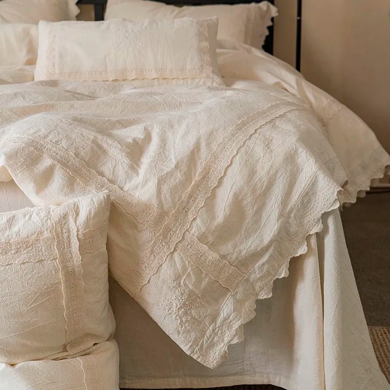 Linen-Cotton Lace Bedding Set – Cream - WhisperLinens