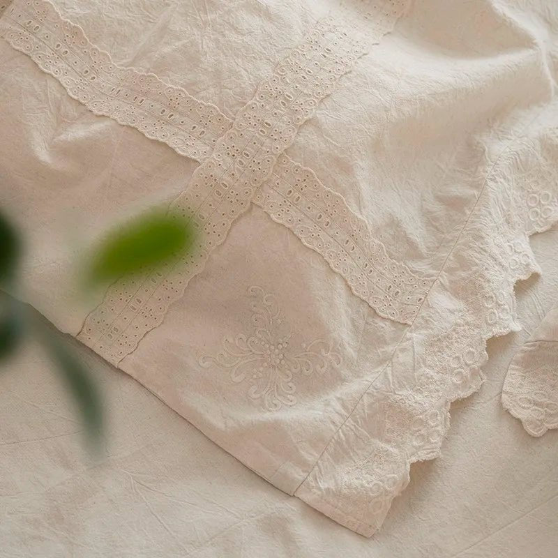 Linen-Cotton Lace Bedding Set – Cream - WhisperLinens