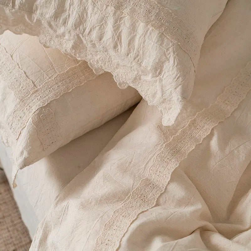 Linen-Cotton Lace Bedding Set – Cream - WhisperLinens