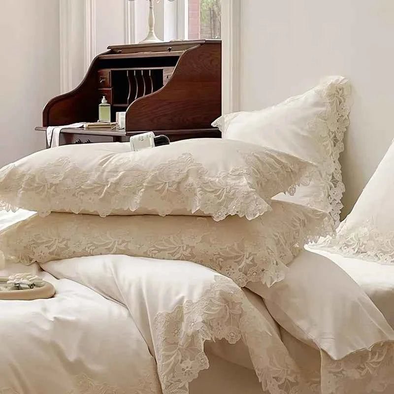 Lace-trim bedding set styled on a bed