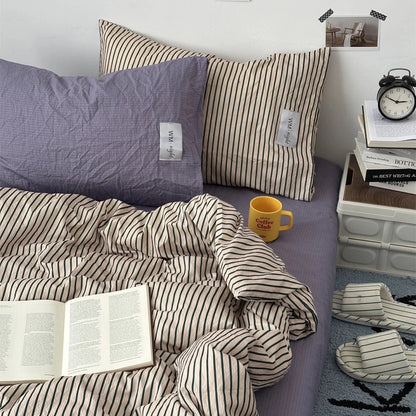Beige / Lavander Purple Stripe Bedding Collection
