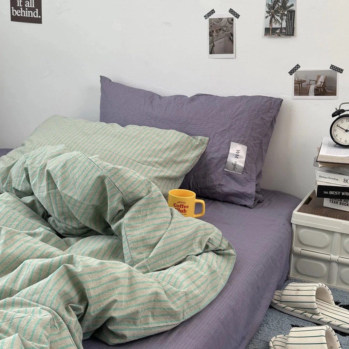 Beige with blue strips / Lavander Purple Stripe Bedding Collection