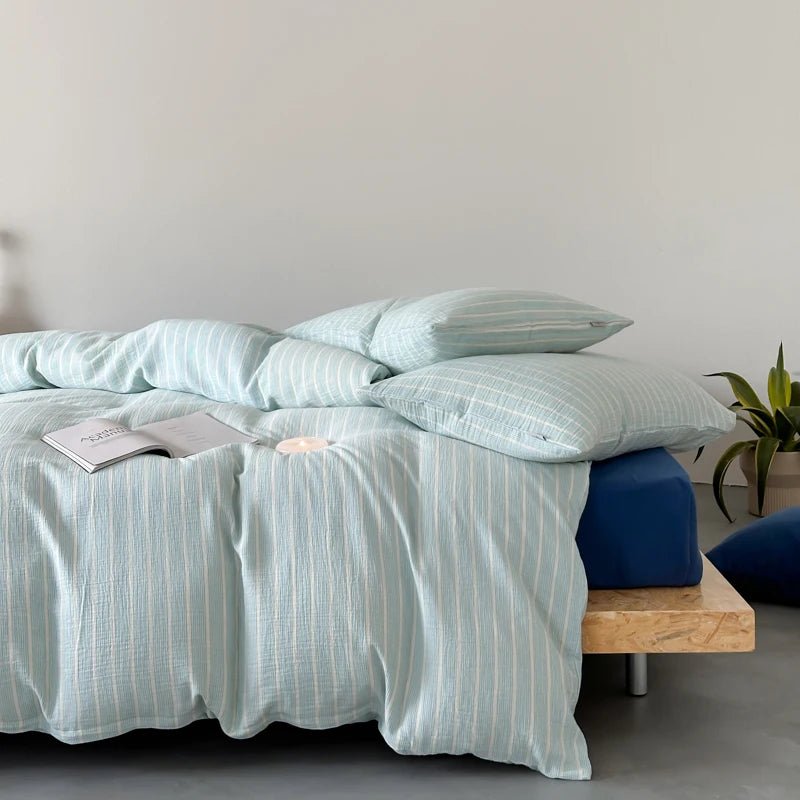 Mint Stripe Cotton Bedding Set - WhisperLinens