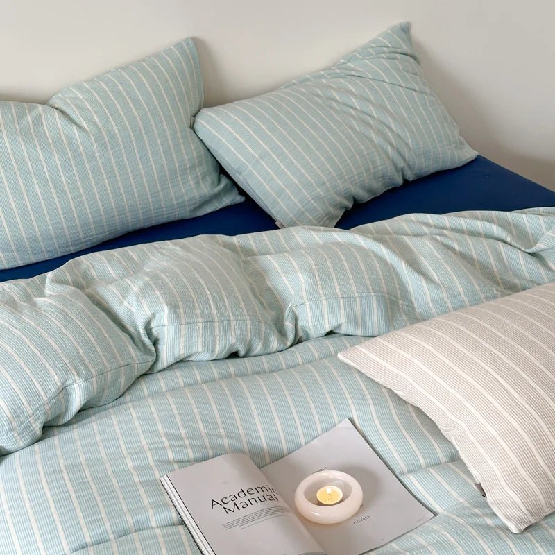 Mint Stripe Cotton Bedding Set - WhisperLinens