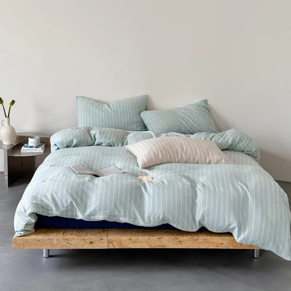 Mint Stripe Cotton Bedding Set - WhisperLinens