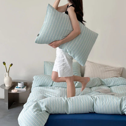 Mint Stripe Cotton Bedding Set - WhisperLinens